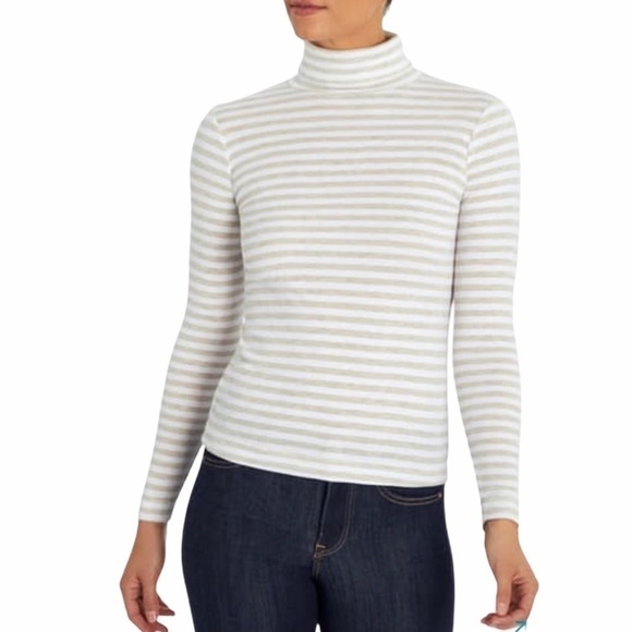 Three Dots NWT Women’s Brecken Ridge Striped Pullover Turtleneck Top Tan Size L - Picture 1 of 11